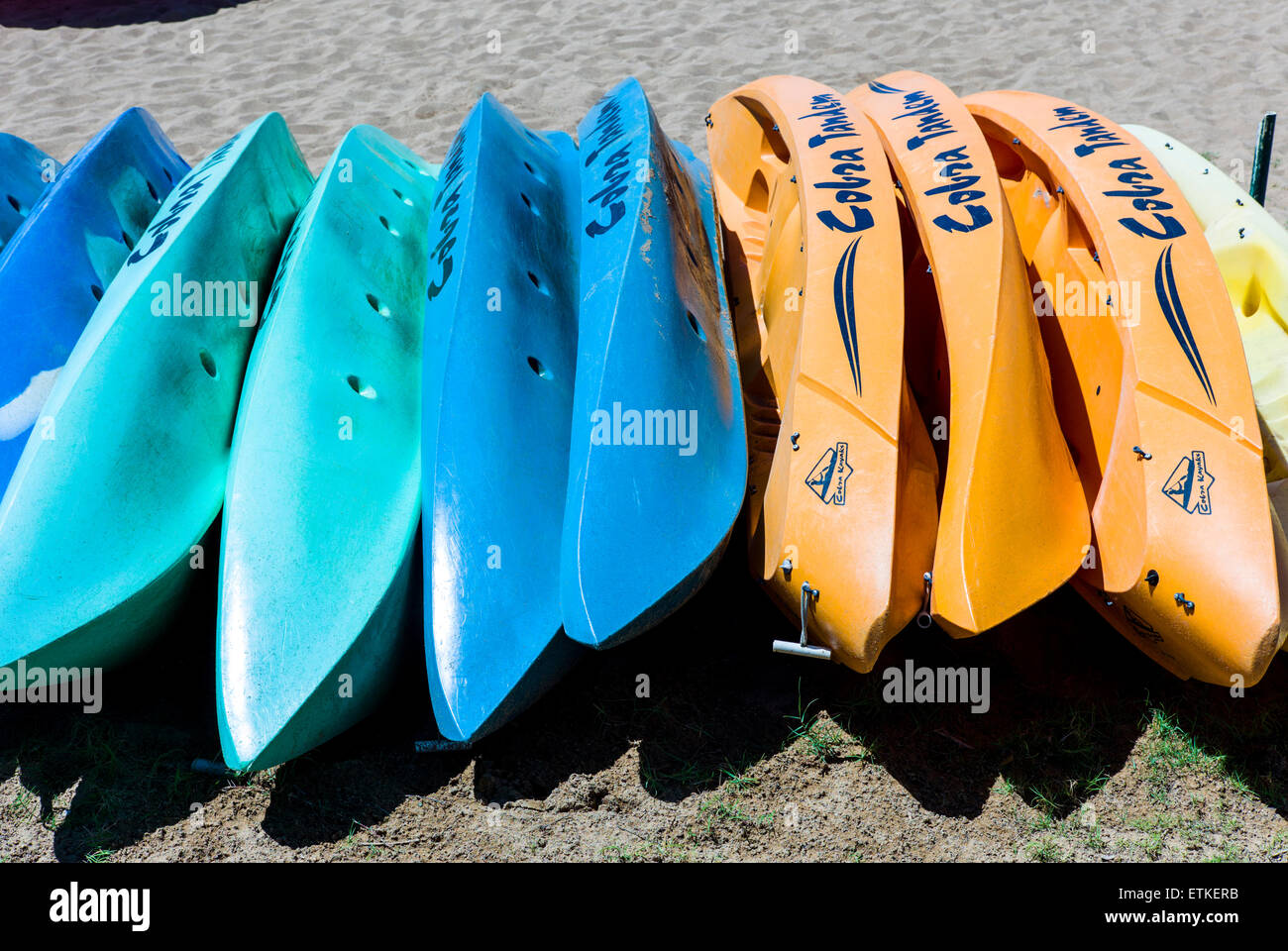 Graphic abstract view of colorful sea kayaks; Kaua’i Marriott Resort; Kalapaki Bay, Kaua'i, Hawaii, USA Stock Photo