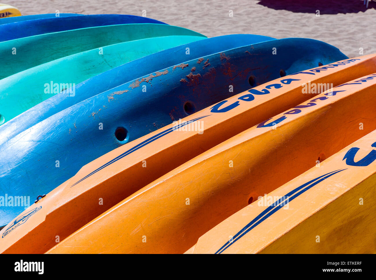 Graphic abstract view of colorful sea kayaks; Kaua’i Marriott Resort; Kalapaki Bay, Kaua'i, Hawaii, USA Stock Photo
