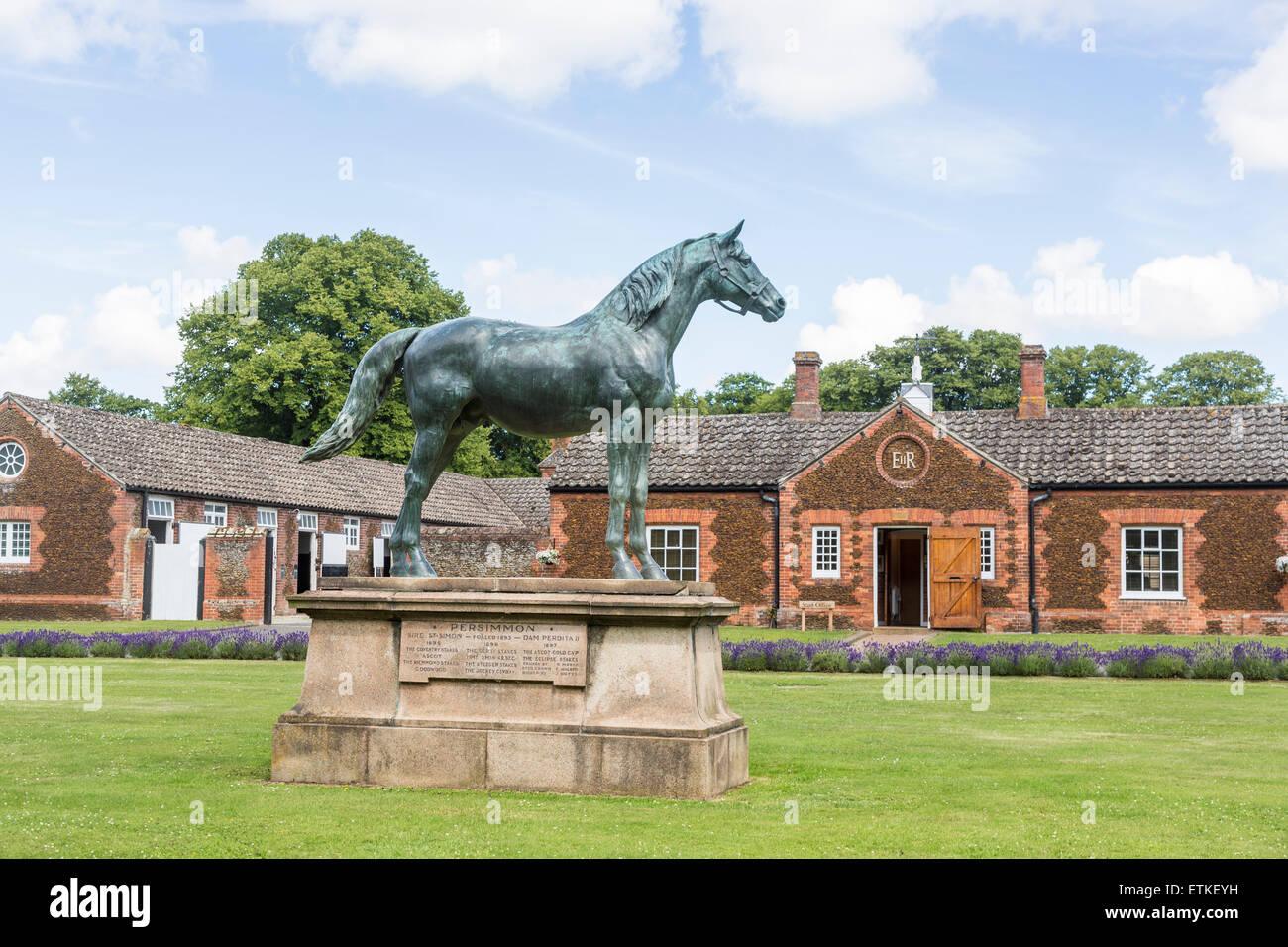 Statue of the racehorse Persimmon at the Queen's stables, the Royal Stud at Home Farm on the