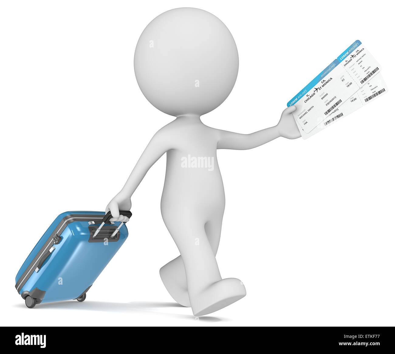 The dude 3D character holding suitcase and airline tickets Stock Photo ...