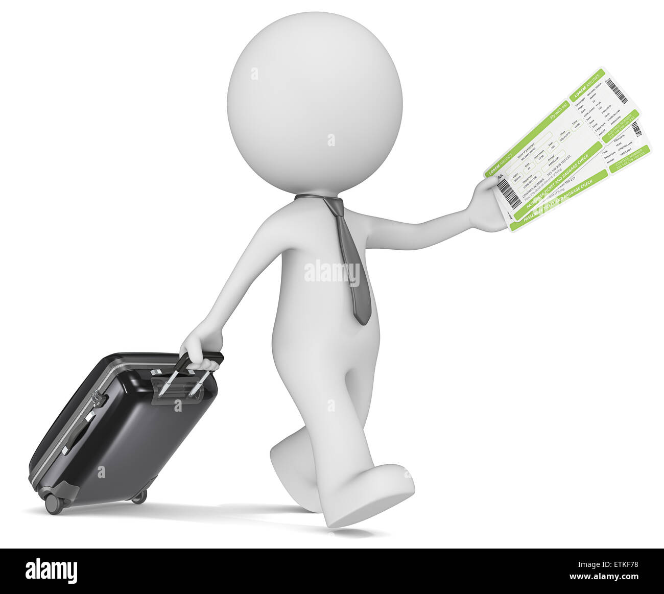 The dude 3D character with tie holding suitcase and airline tickets ...