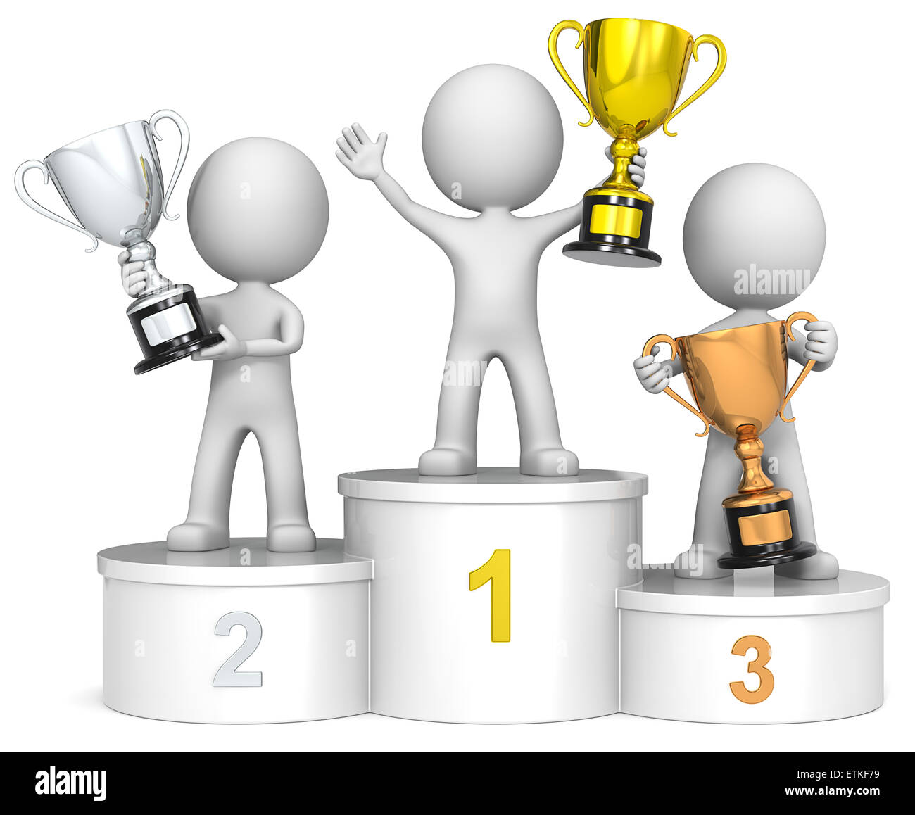 The dude 3D characters on winners podium holding trophies. Stock Photo