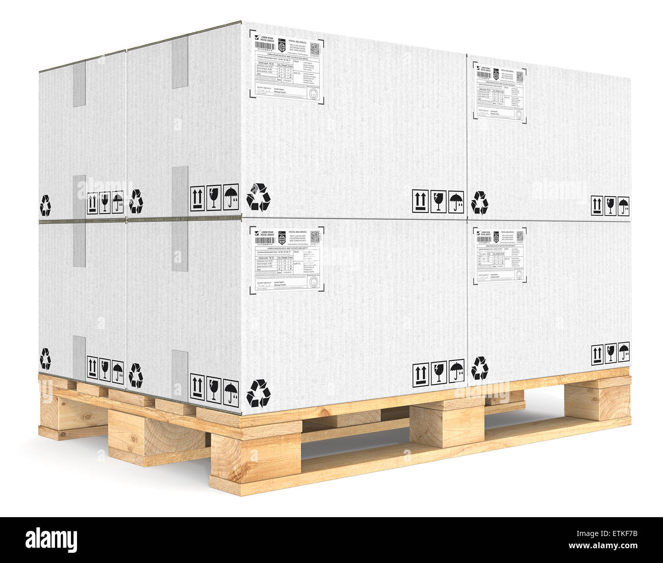 Eur Pallet with pile of white cardboard boxes. Detailed Shipping labels. Stock Photo