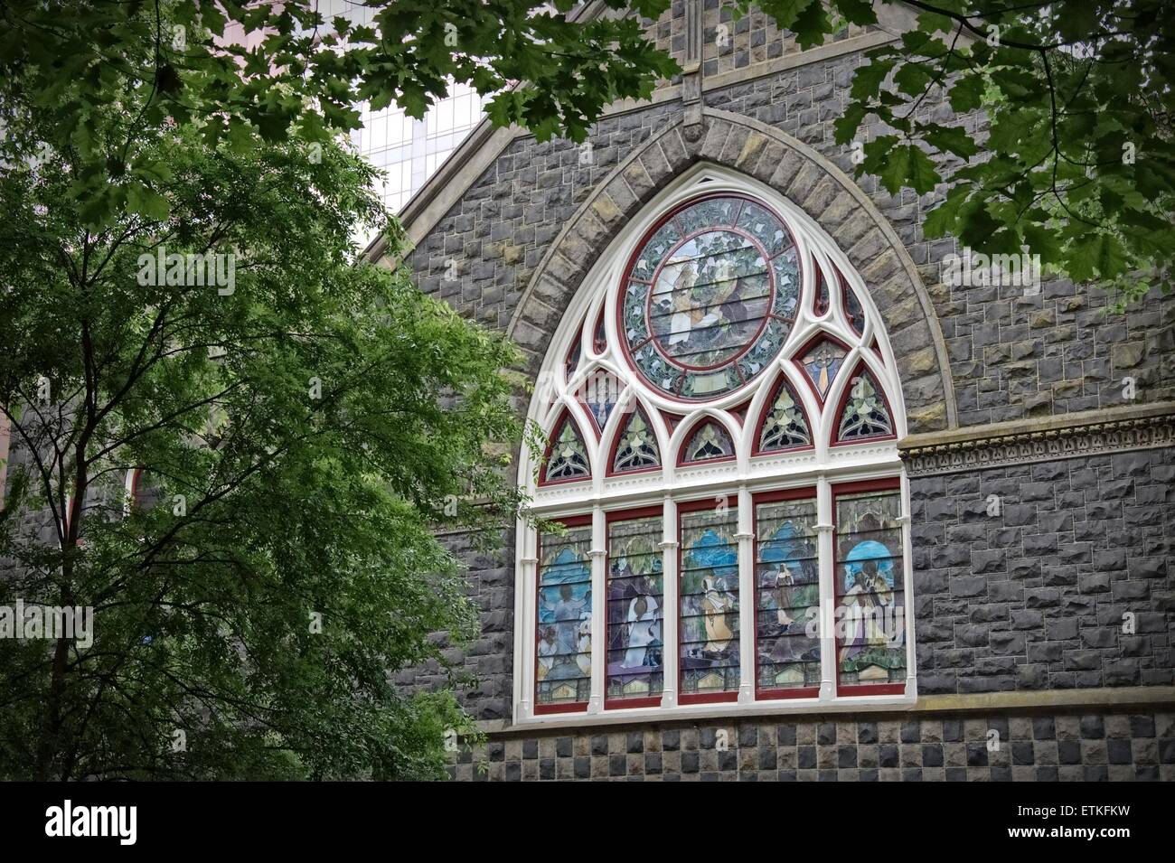 Stained glass scene on the Trinity Episcopal cathedral, Portland Oregon Stock Photo