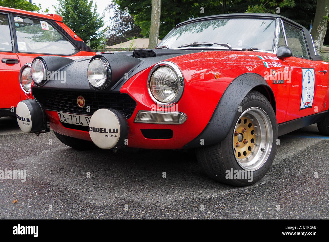 Turin, Italy. 14th June, 2015. Closeup view of a Fiat 124 Spider Abarth at the start of the Parco Valentino Gran Premio start in Turin Credit:  Edoardo Nicolino/Alamy Live News Stock Photo