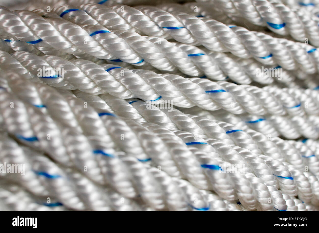 Close up shot of polyester rope, typically used for marine purposes. Stock Photo