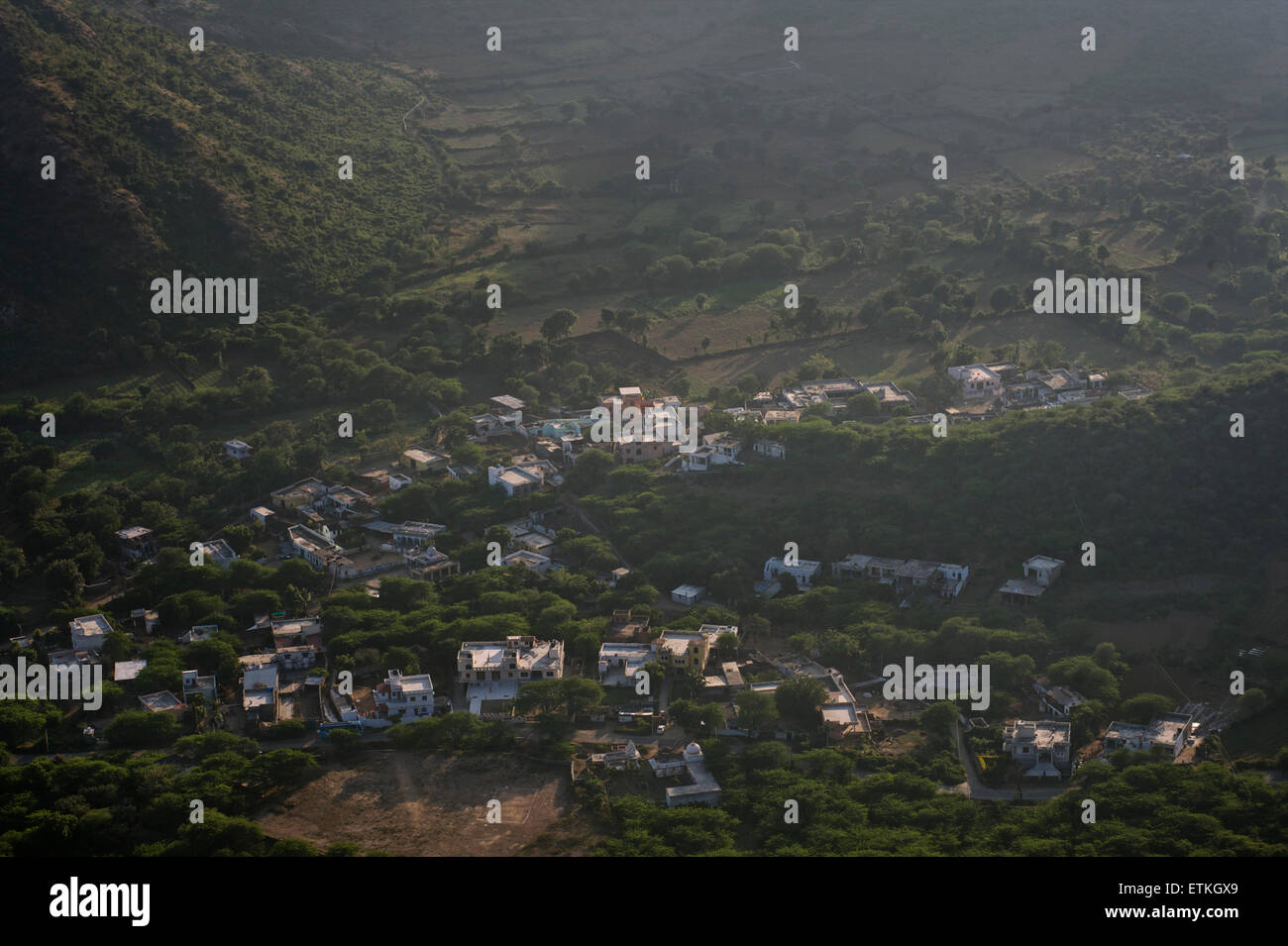 View of the hills around Udaipur from the Monsoon Palace above the city. Rajasthan, India Stock Photo