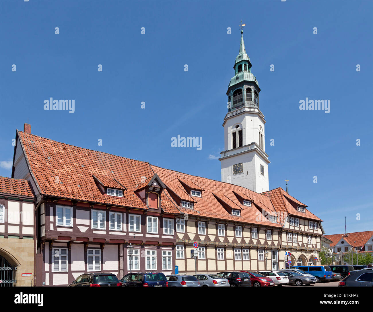 Church of St. Mary behind frame houses, Celle, Lower Saxony, Germany Stock Photo