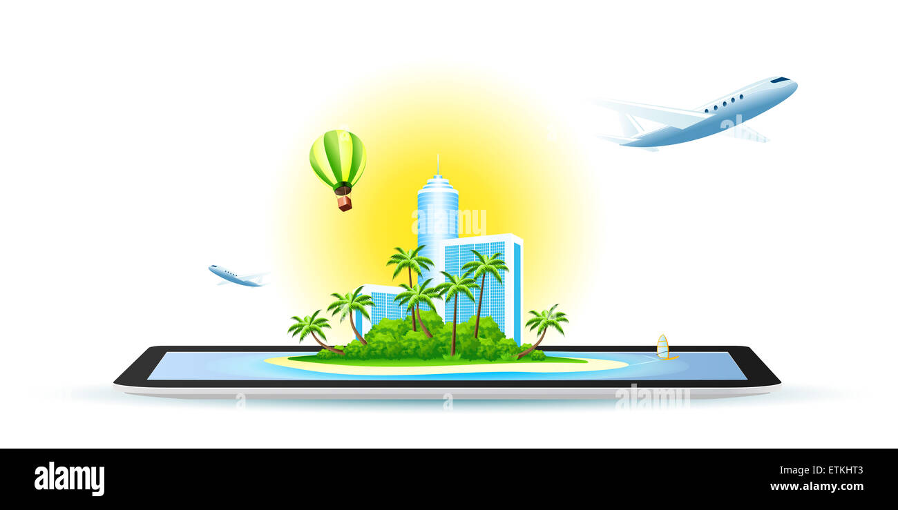 Green Palm Island with Modern Hotel and Airbus in your Tablet Stock Photo