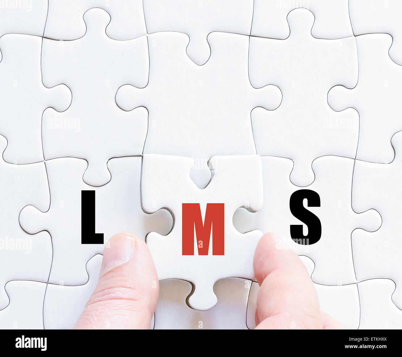 Hand of a business man completing the puzzle with the last missing piece.Concept image of Business Acronym LMS as Learning Management System Stock Photo