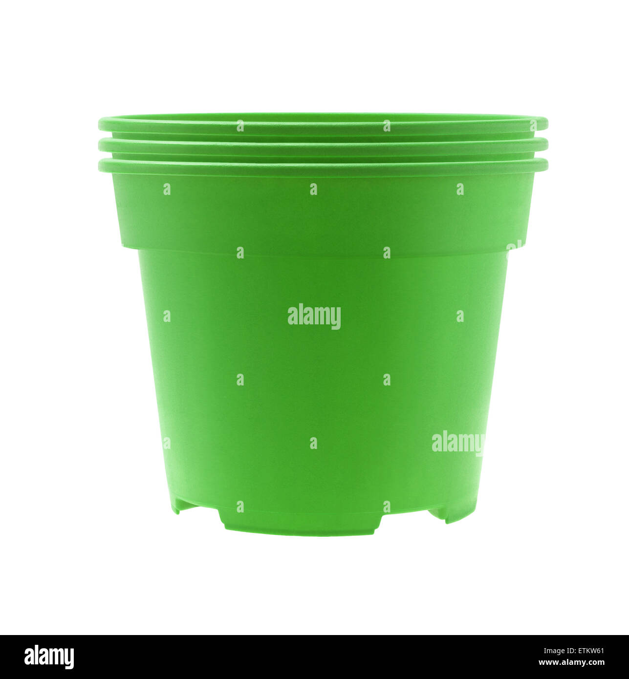 Stack of Green Plastic Flower Pots on White Background Stock Photo