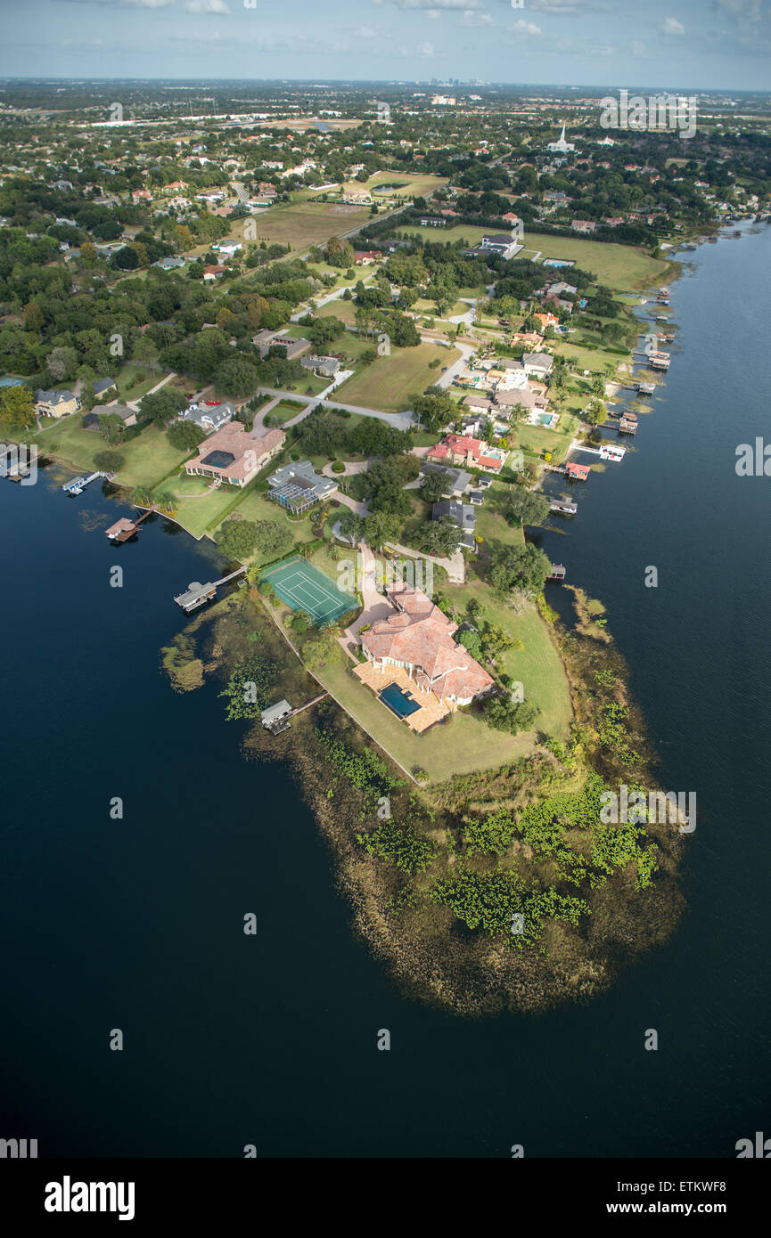 Aerial of large estate on peninsula in Southeastern USA Stock Photo