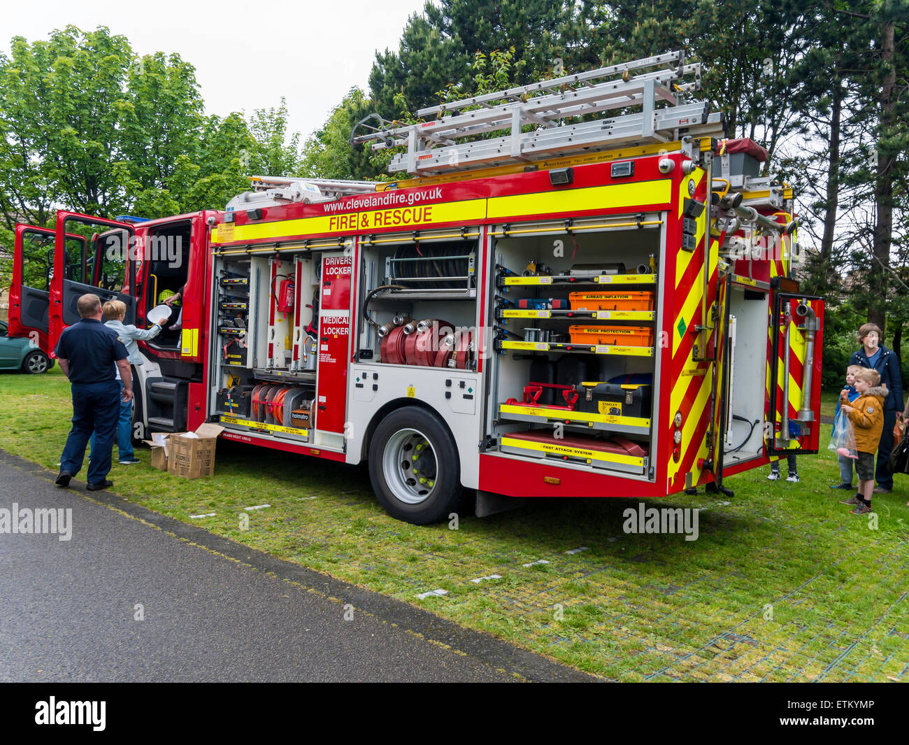 Family Fun Day fund raising event at Marske Hall home for the disabled, a Cleveland Fire Brigade Appliance on show Stock Photo