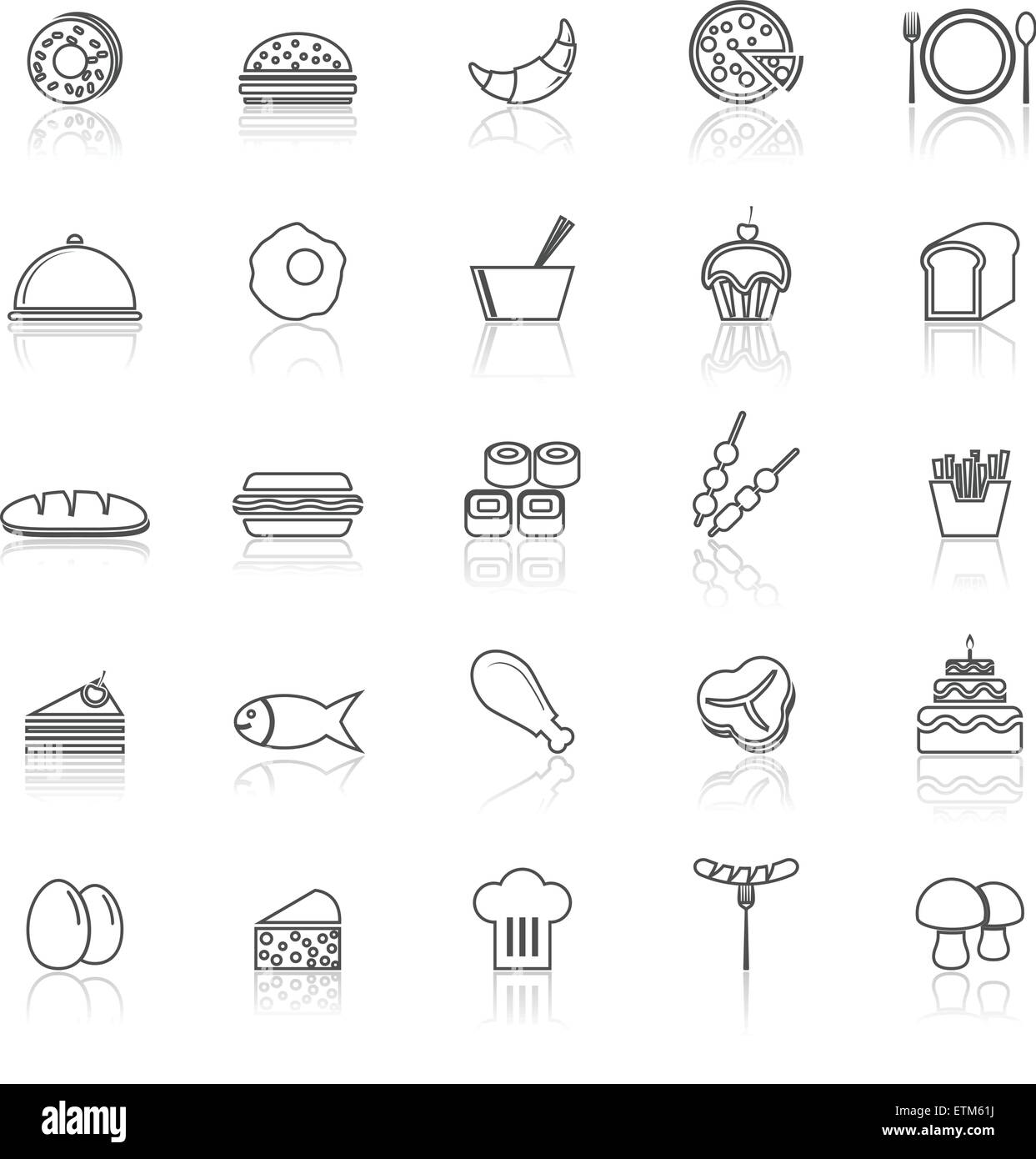 Food line icons with reflect on white, stock vector Stock Vector