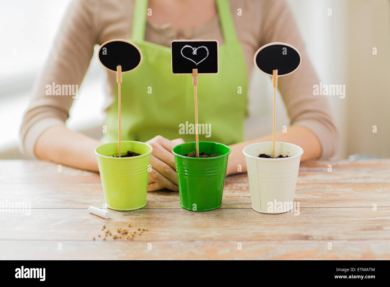 close up of woman over pots with soil and signs Stock Photo - Alamy
