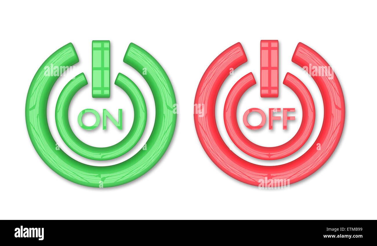 3d rendering of a green and red on off buttons on a black background ...