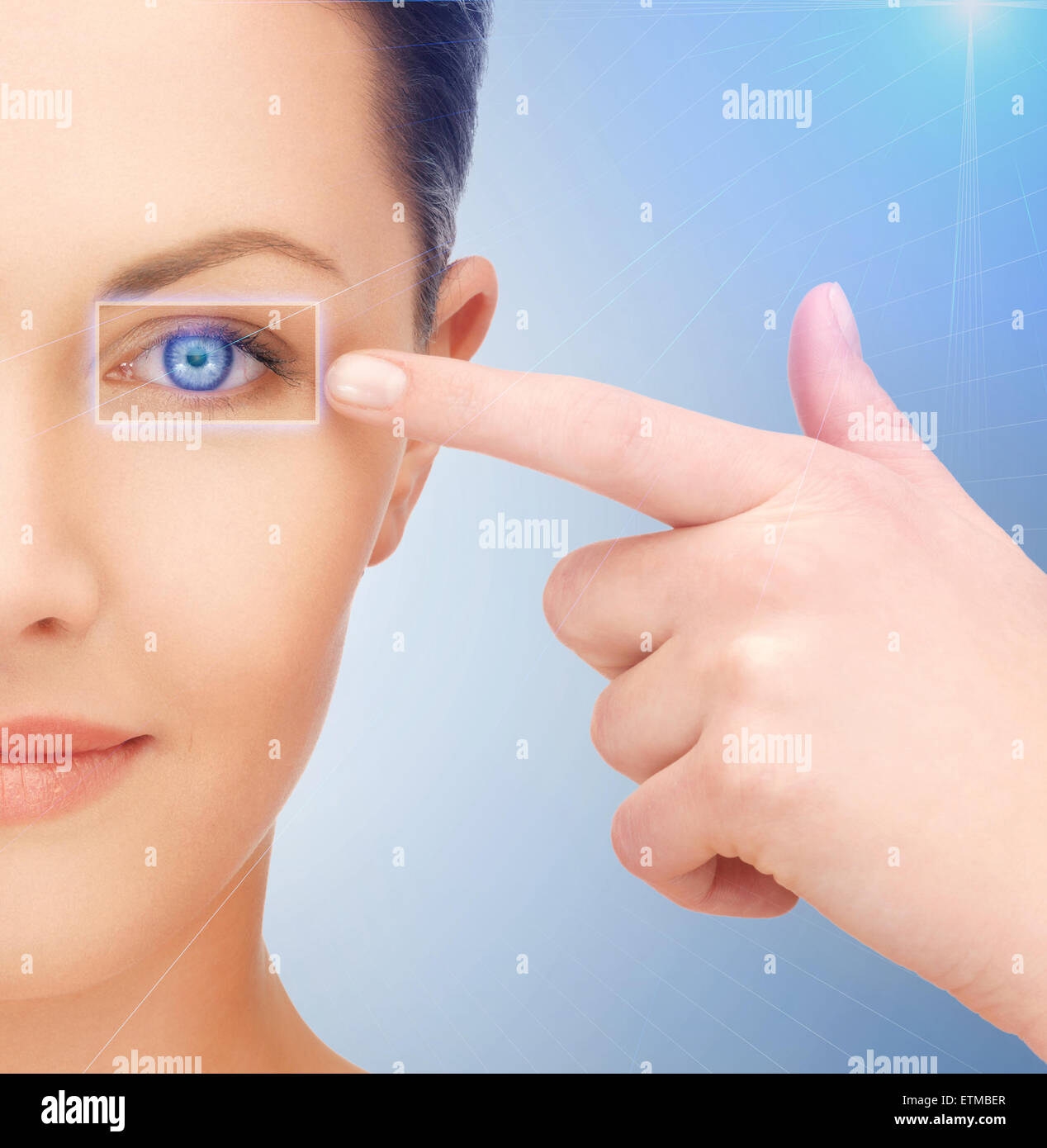 beautiful woman pointing to eye Stock Photo Alamy