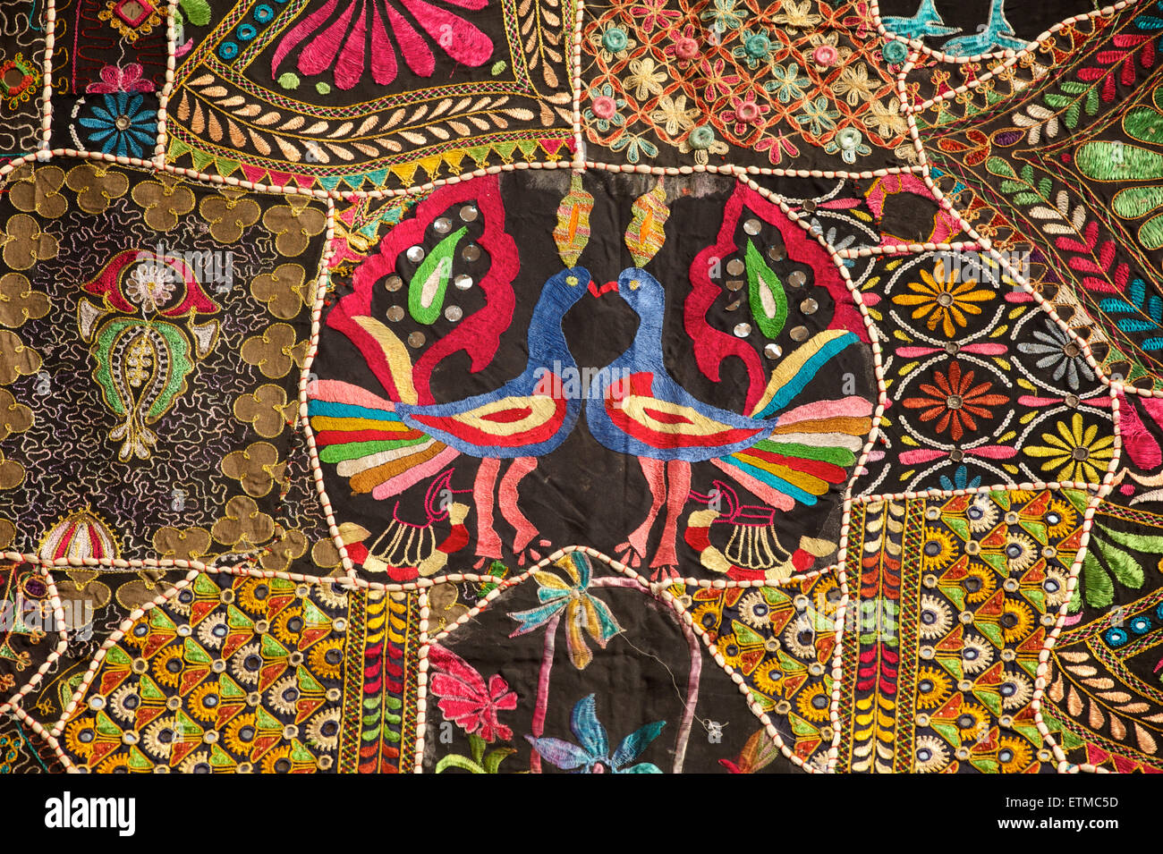 Rajasthani patchwork textile with Peacock motifs.Jaisalmer, Rajasthan, India Stock Photo