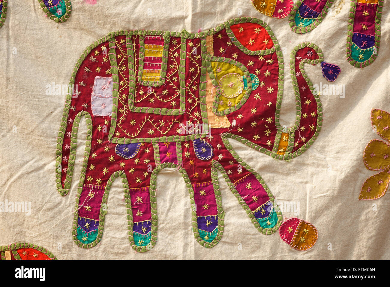 Applique Rajasthani textile with an elephant motif, Jaisalmer, Rajasthan, India Stock Photo