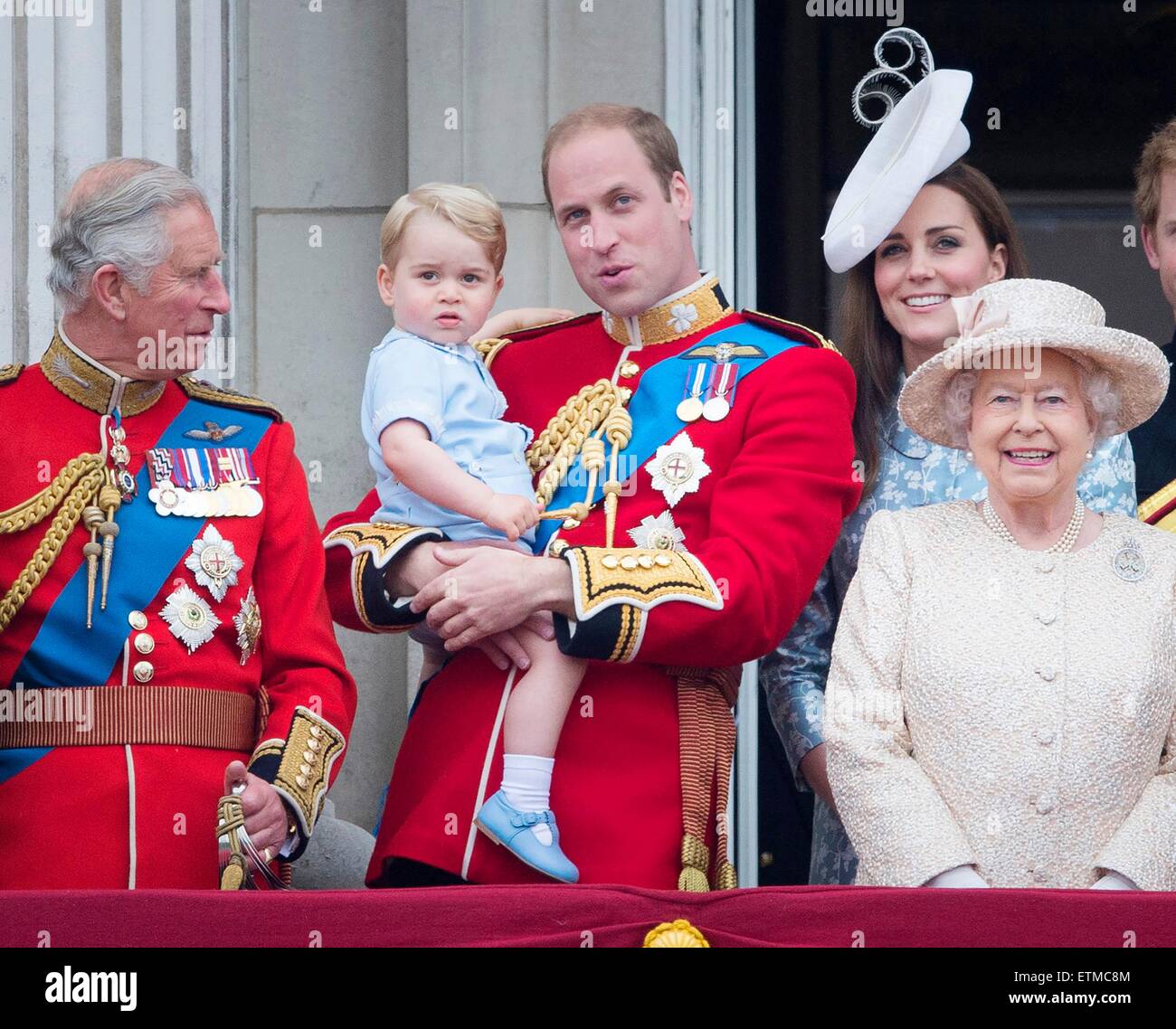 Britain's Prince Charles (L-R), Prince George, Prince William, Duke of Cambridge, Catherine, Duchess of Cambridge, and Queen Elizabeth seen on the balcony of Buckingham Palace, central London 13 June 2015 following the Trooping the Colour ceremony which mark's Queen Elizabeth II's official birthday. Photo: Patrick van Katwijk/ POINT DE VUE OUT - NO WORE SERVICE - Stock Photo
