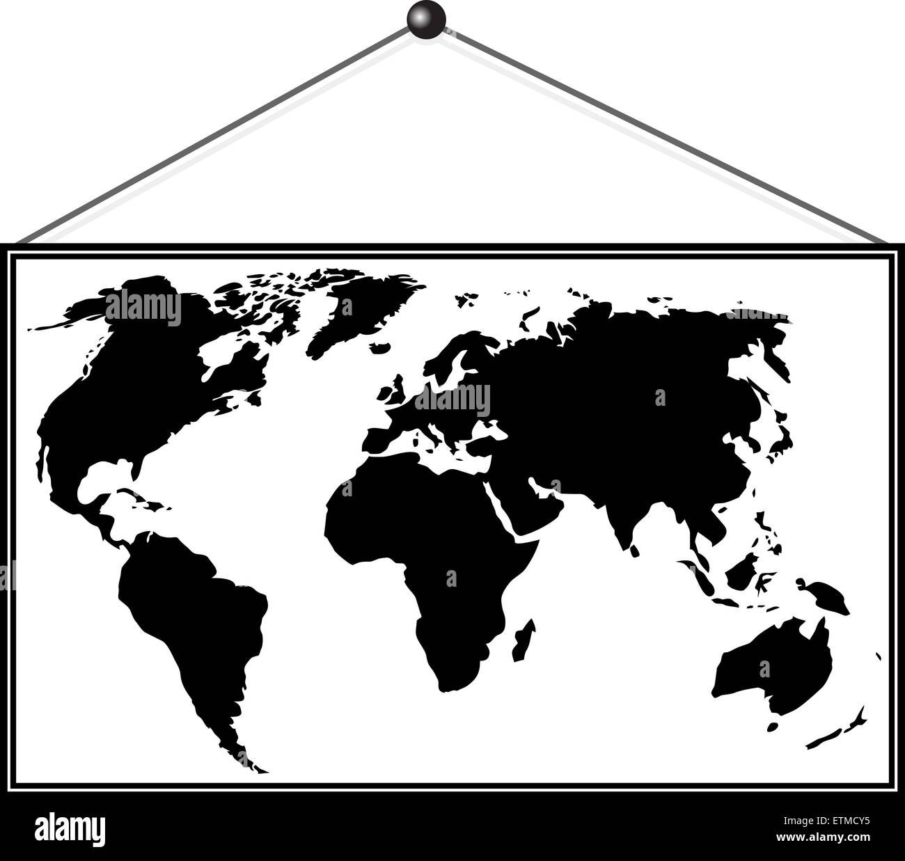 Picture map image on wall. Frame hanging on nail, thread. Vector