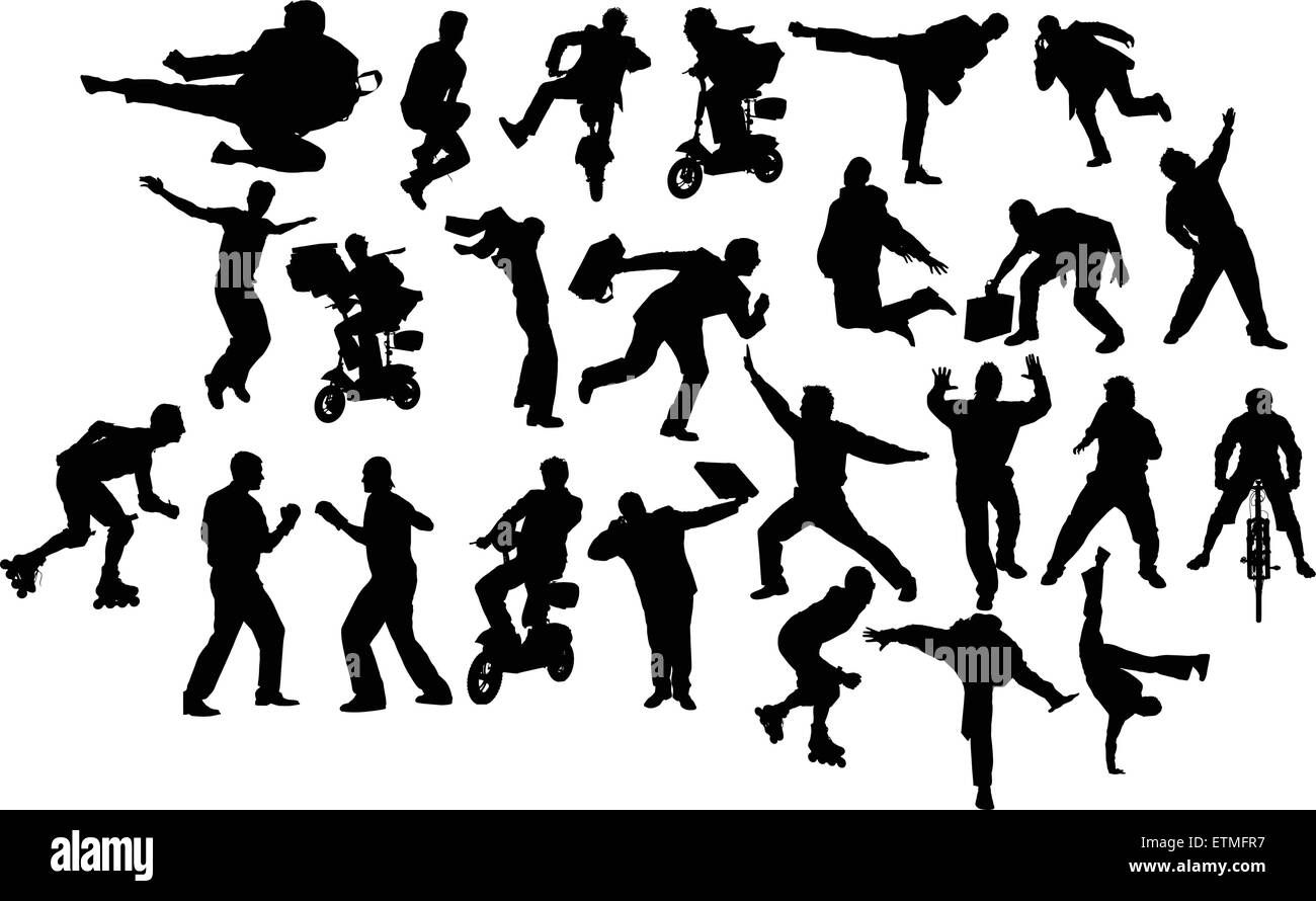 Man in action. Black and white silhouettes. Vector Stock Vector