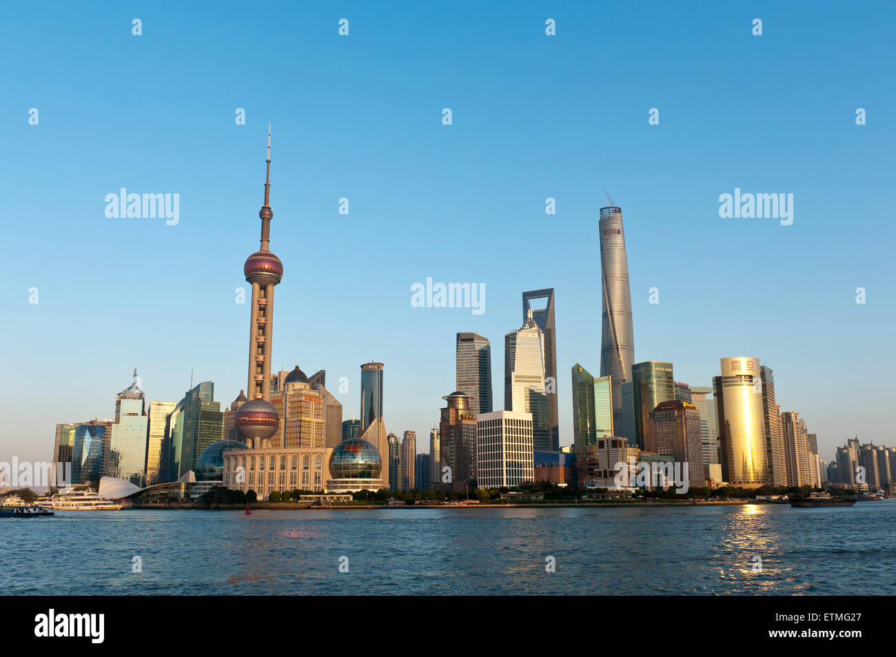 Pudong skyline, skyscrapers, Oriental Pearl Tower television tower, Shanghai Tower, Jin Mao Tower, Huangpu River, Shanghai Stock Photo