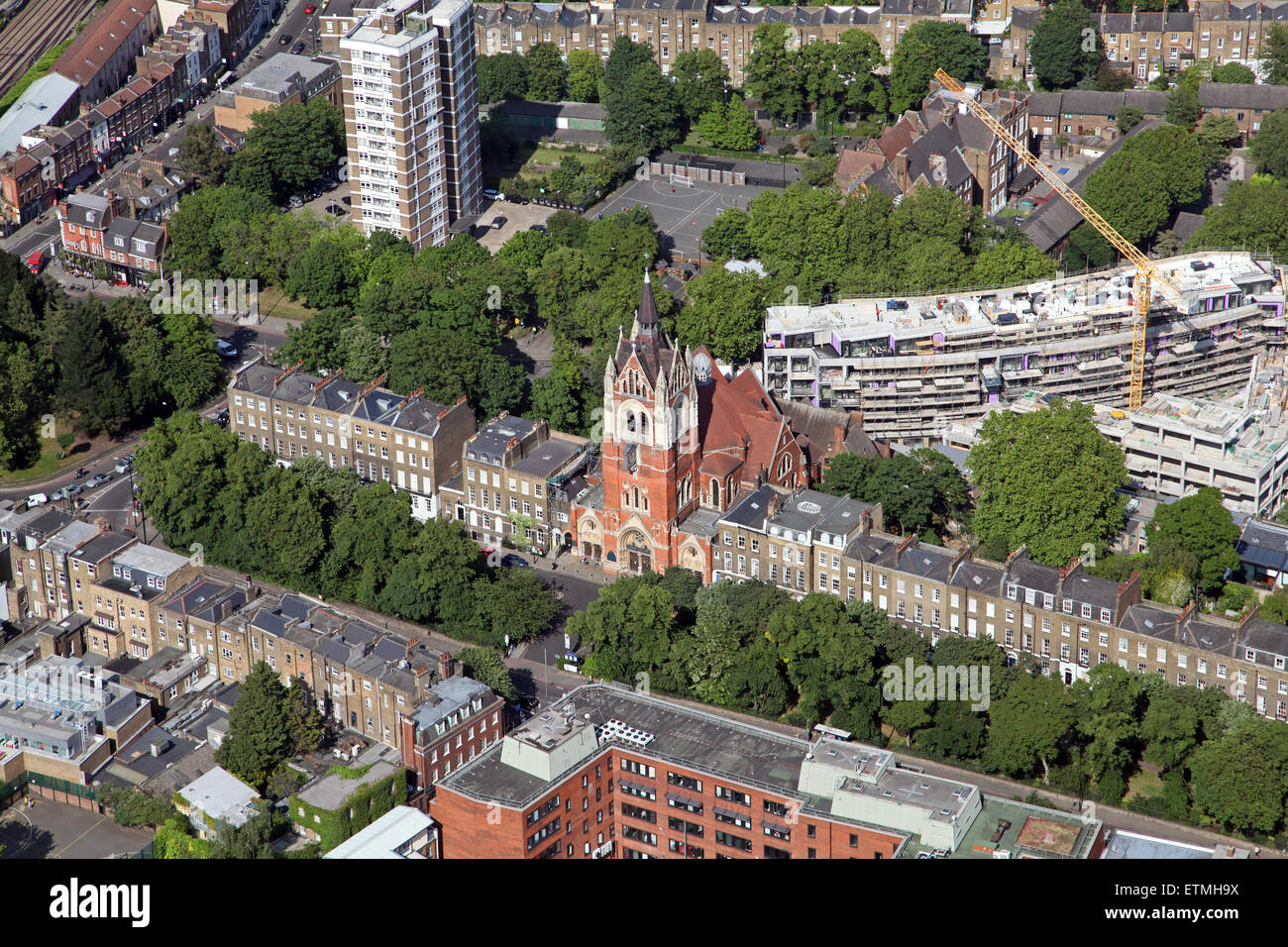 Aerial view of Union Chapel on Upper Street, London N1. A 19th century Gothic style congregational church Stock Photo