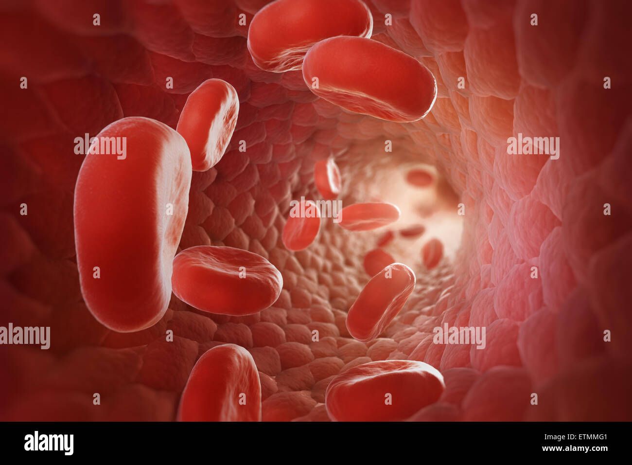 Stylized illustration showing red blood cells flowing through the blood stream. Stock Photo