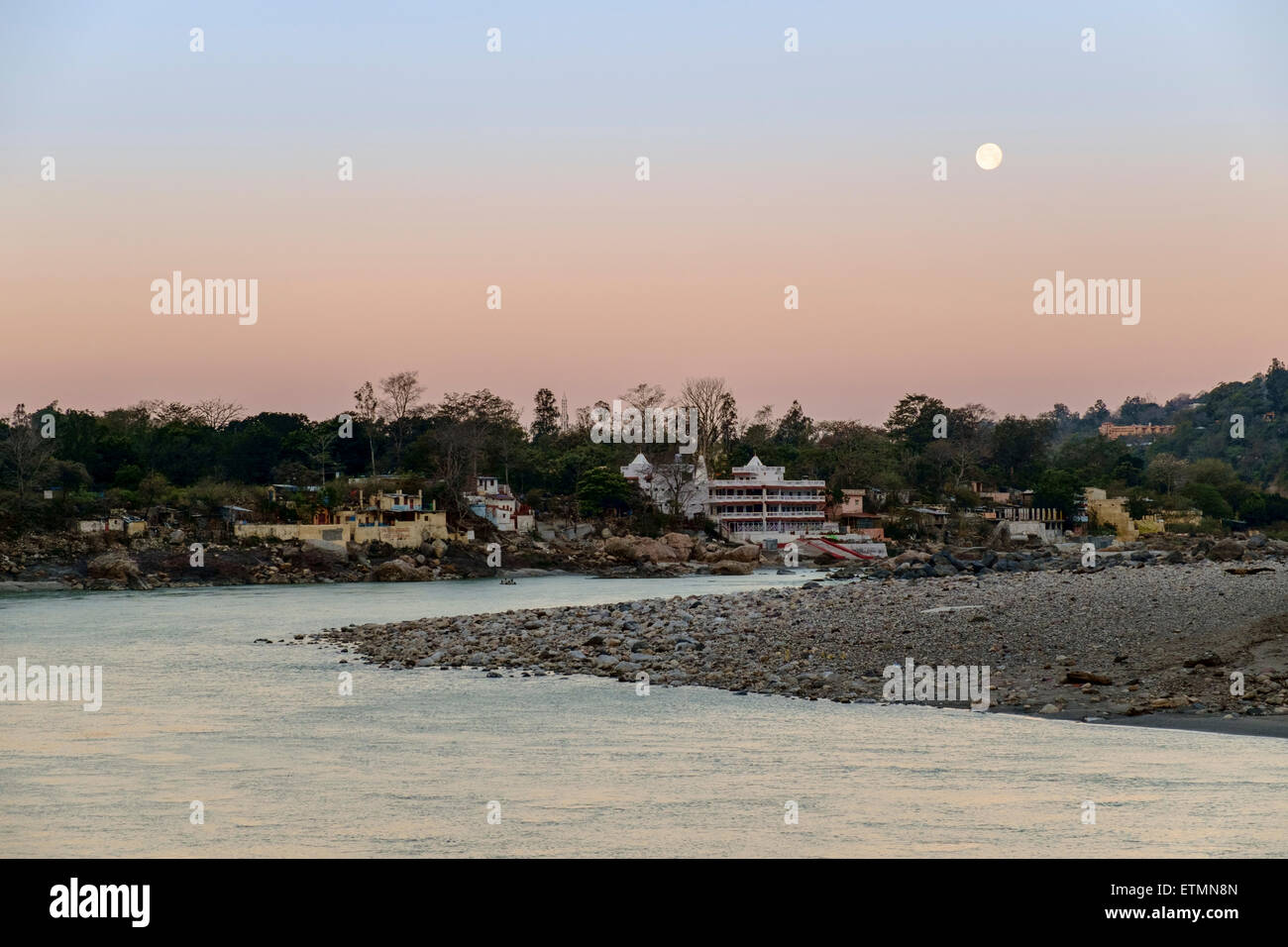Full moon over Ganges river in Rishikesh. Stock Photo