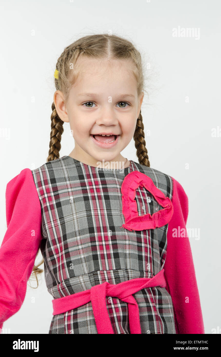 Half-length portrait cheerful fun girl four Europeans Stock Photo