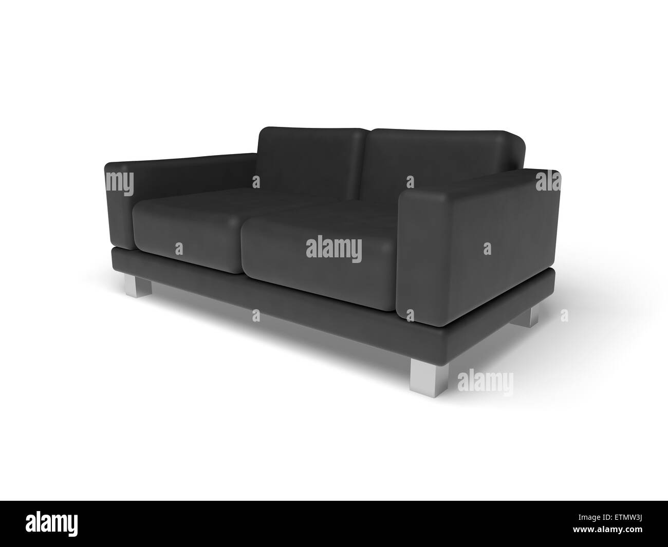 Black sofa isolated on white empty floor background, 3d illustration, perspective view Stock Photo