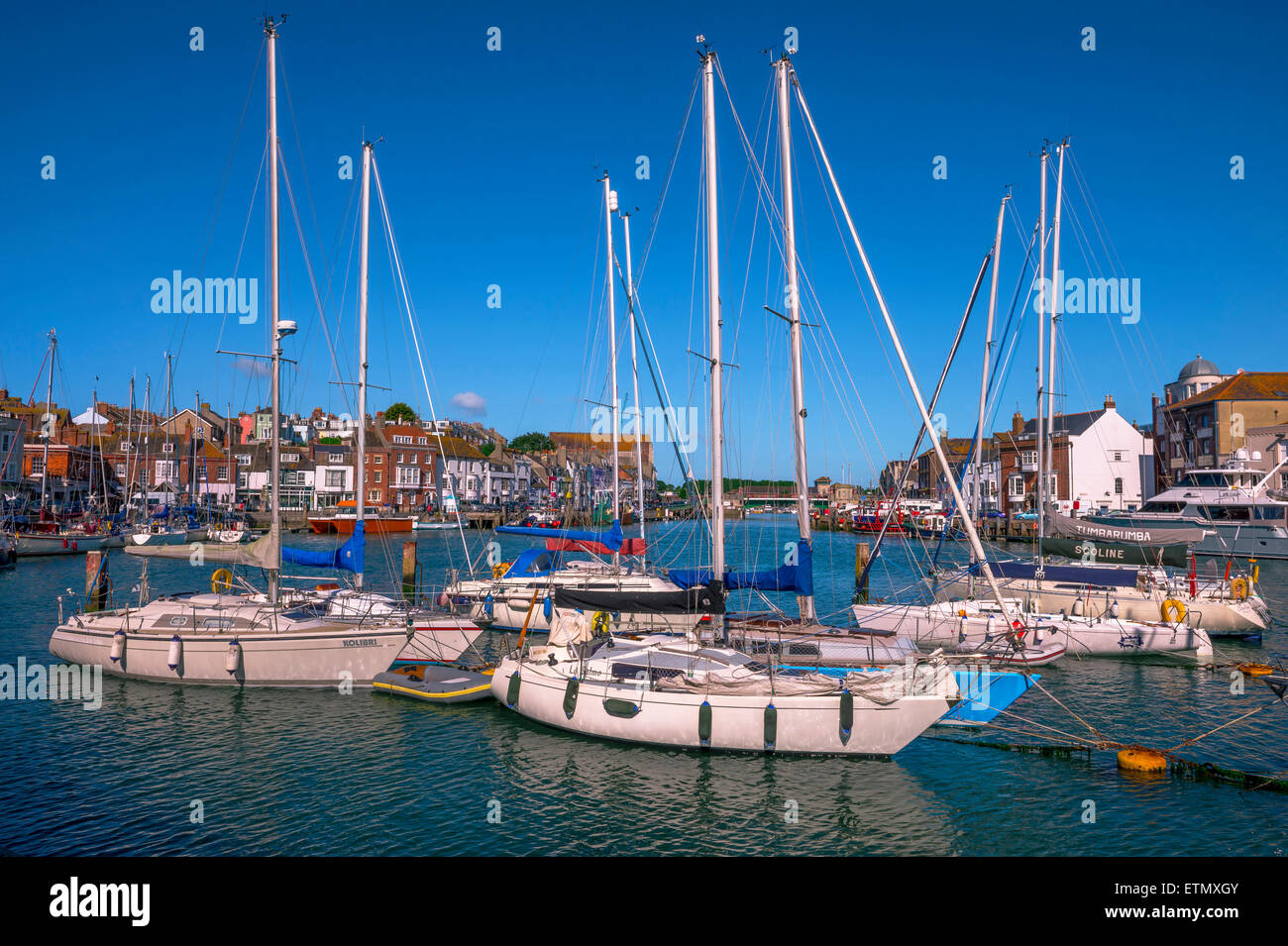 Boats and yachts in Weymouth harbour. Stock Photo
