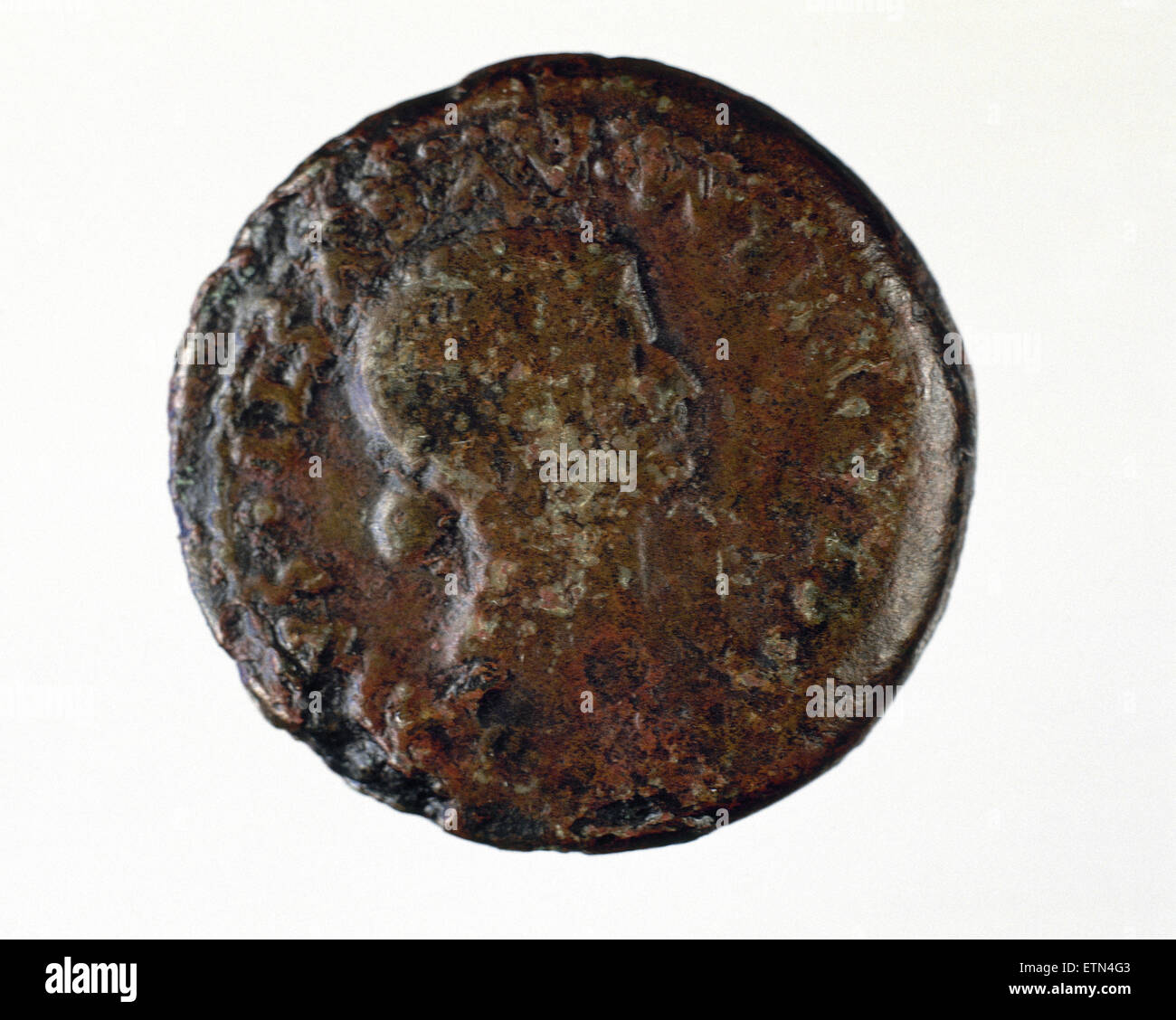 Roman coin. Dupondius. Adverse with portrait of  Empress Livia, wife of Augustus. Brass. 1st century BC. National Museum of Roman Art. Merida. Spain. Stock Photo