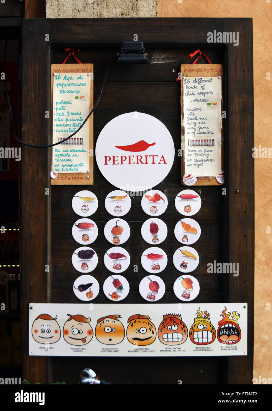 The window outside Peperita, a speciality pepper store on Via della Reginella in Rome, Italy Stock Photo
