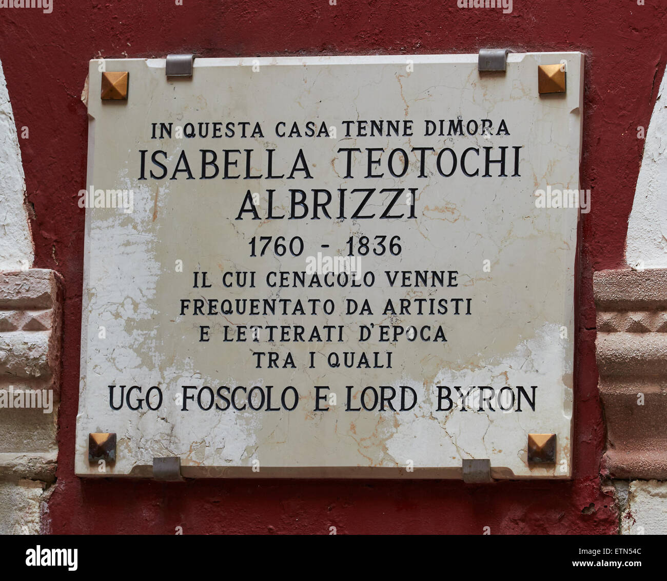 Plaque marking house where famous writer countess and salonist Isabella Teotochi Albrizzi lived Venice Veneto Italy Europe Stock Photo
