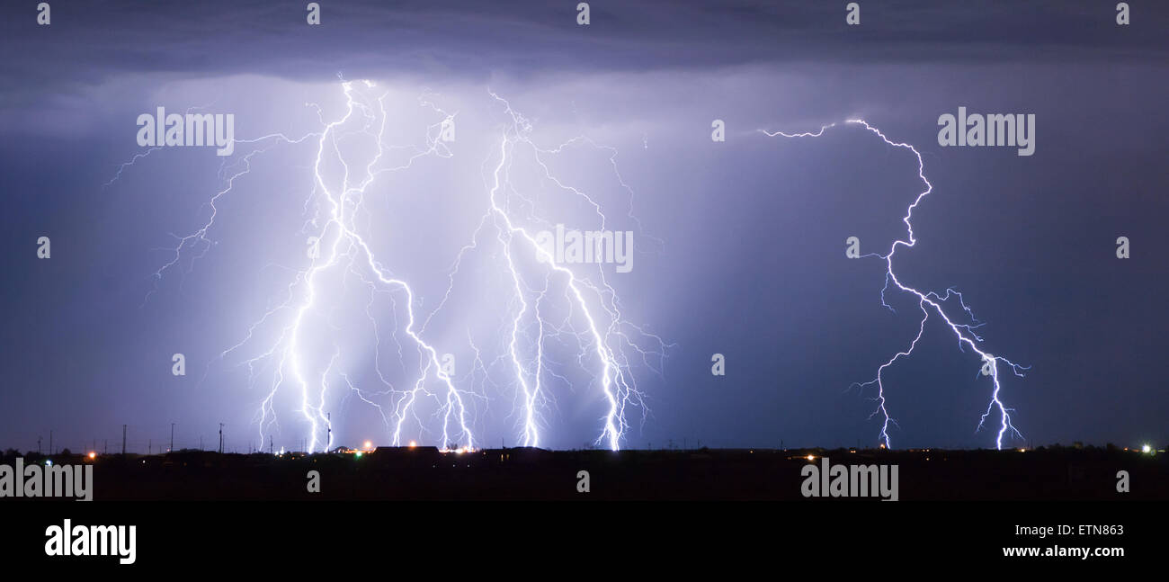 Panorama of lightning storm, Arizona, USA Stock Photo
