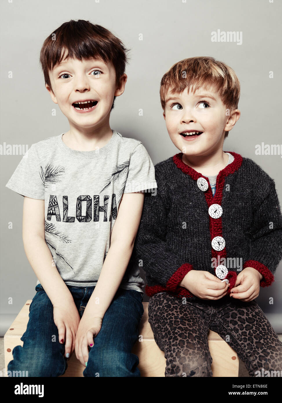 Portrait of two happy boys being silly Stock Photo