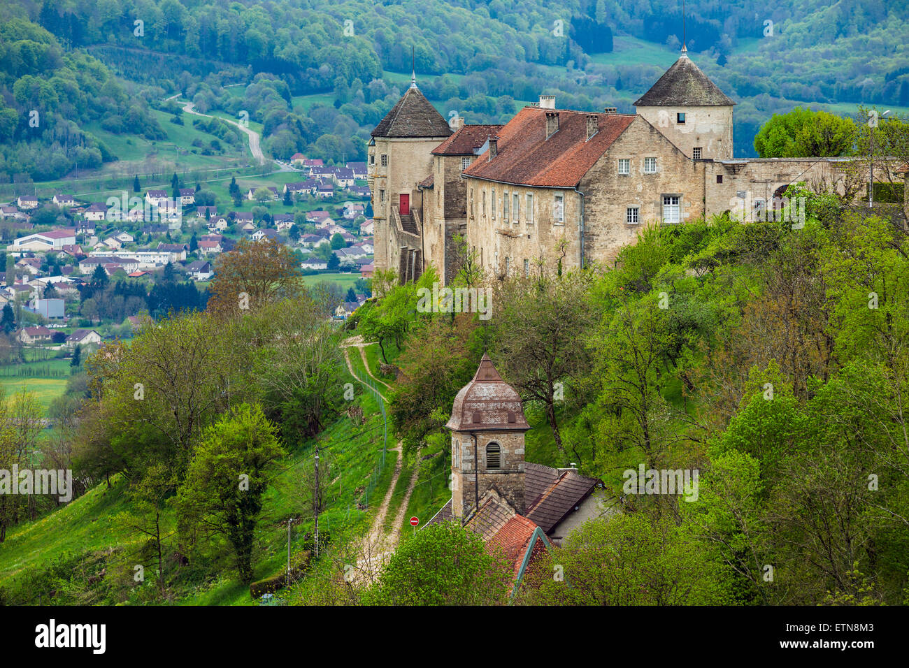 Spring evening at Château de Belvoir, Franche-Comté, France. Stock Photo