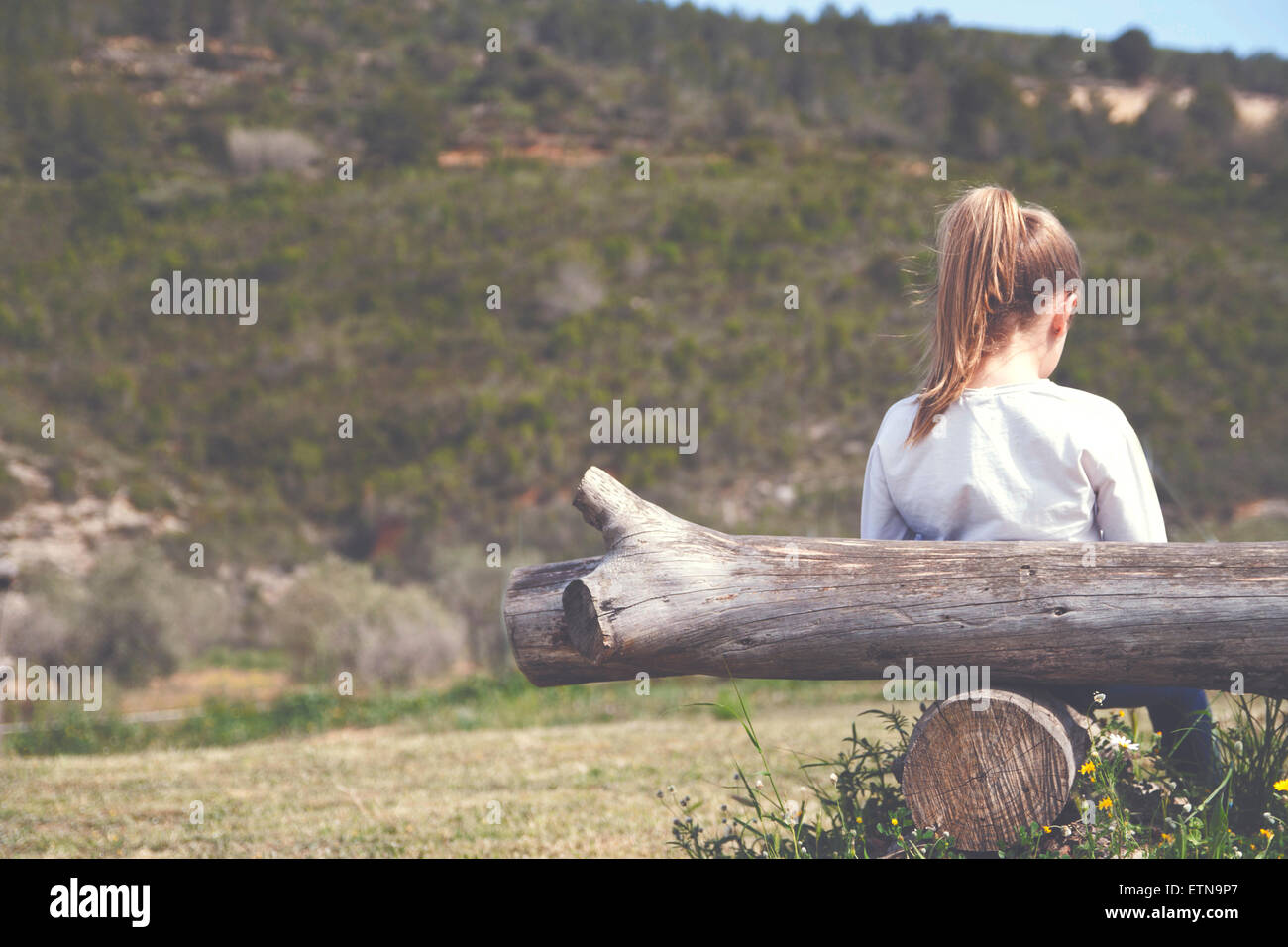 Rear view of a girl leaning against a tree trunk Stock Photo
