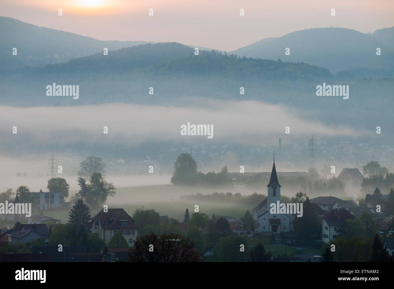 Dawn in Wahlen near Laufen, canton Basel-Country, Switzerland. Stock Photo
