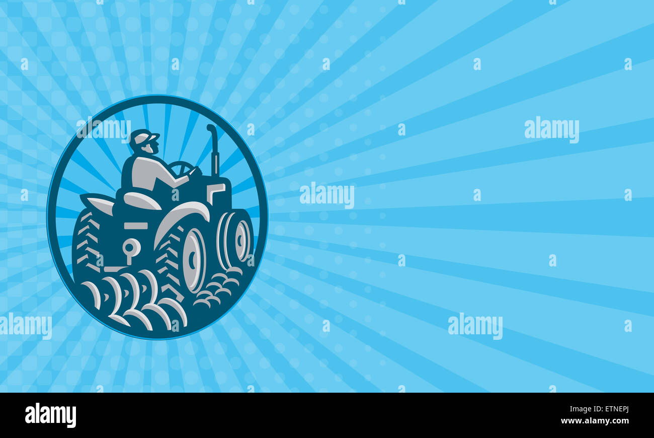 Business card showing illustration of a farmer plowing with vintage ...