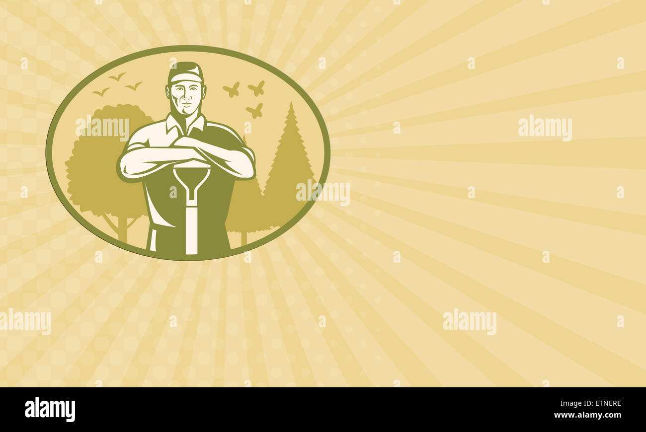 Business card showing illustration of a gardener landscaper farmer ...
