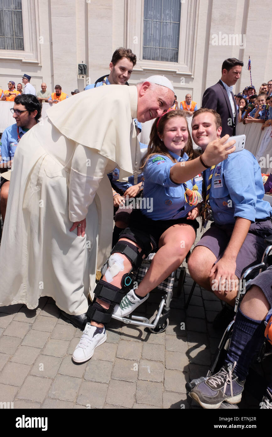 Vatican City. 13th June, 2015. Selfie with Pope Francis - Pope Francis meets Agesci, Catholic Scout Guide Association, in Saint Peter Square. 13 June 2015 Credit:  Realy Easy Star/Alamy Live News Stock Photo