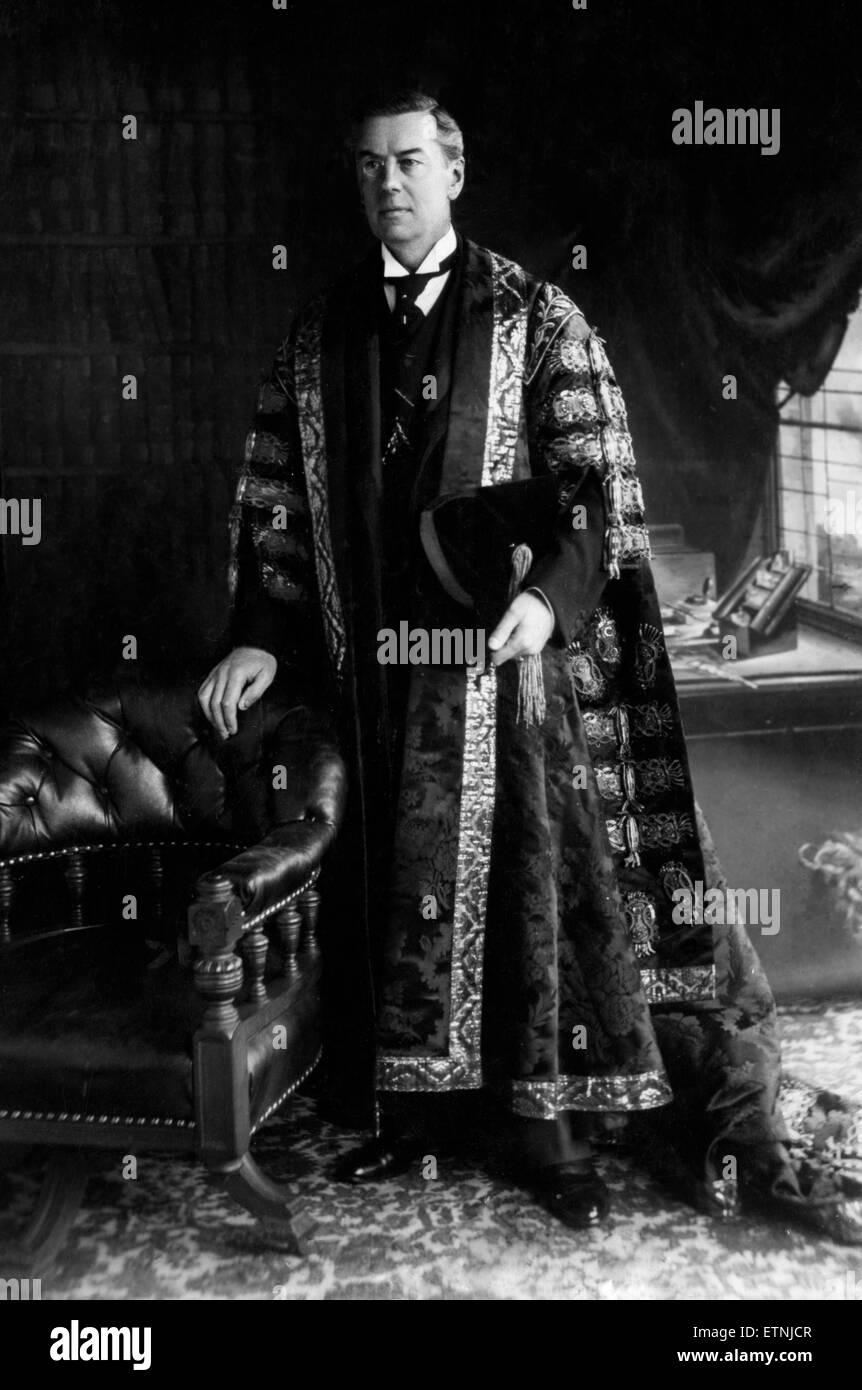 Joseph Chamberlain seen here in his robes of the Chancellor of Birmingham University circa 1902 Stock Photo
