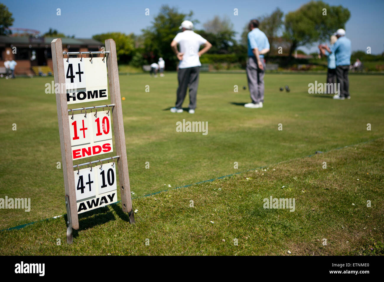 Members of Southport bowling club playing a competitive match, Merseyside, UK Stock Photo