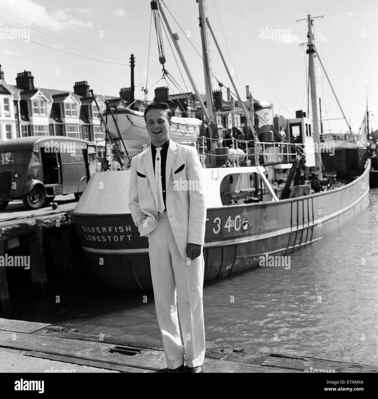 A new craze - Fancy suits worn by trawler fishermen at Lowestoft, Suffolk.  Hylton Brighty, aged 16. 19th July 1961. Stock Photo