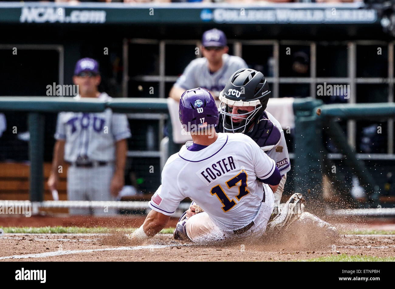 Omaha, NE, USA. 14th June, 2015. LSU Jared Foster 17 is thrown out at