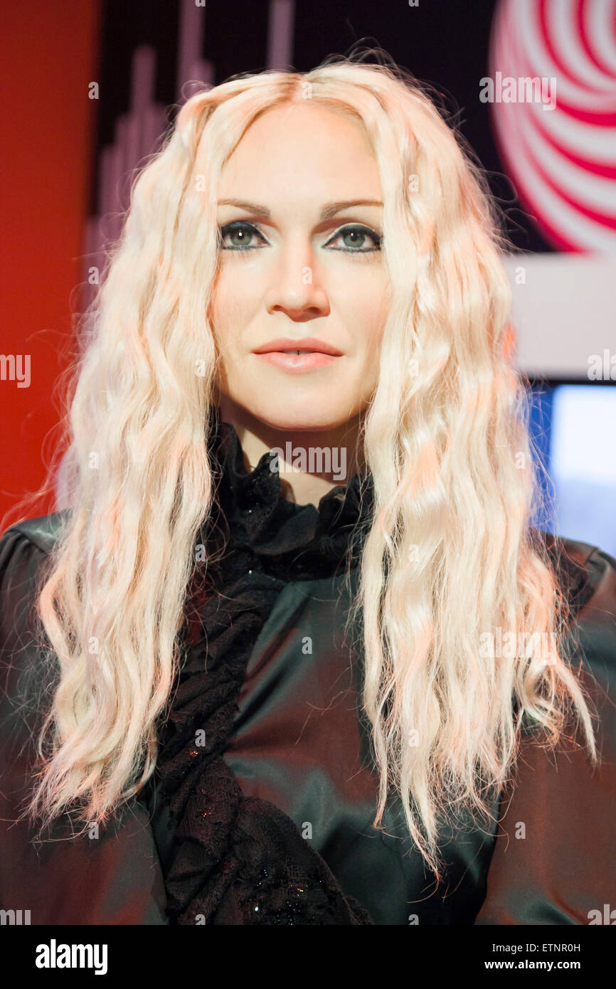 A wax figure of Madonna, American singer, songwriter, actress and businesswoman on display at the Madame Tussauds Tokyo wax museum in Odaiba, Tokyo, June 15, 2015. The world famous British wax museum ''Madame Tussauds'' opened its 14th permanent branch in Tokyo in 2013 and exhibits international and local celebrities, sports players and politicians. New additions to the collection include wax figures of the Japanese figure skater Yuzuru Hanyu and the actor Benedict Cumberbatch. The wax figure of Benedict Cumberbatch will be exhibited until June 30th. (Photo by Rodrigo Reyes Marin/AFLO) Stock Photo