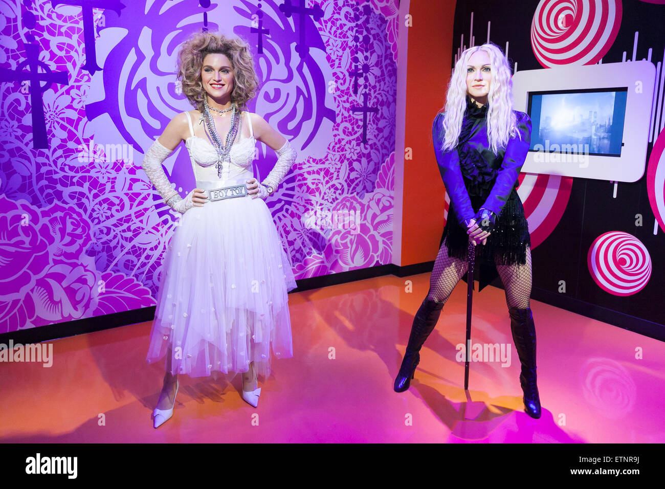 Wax figures of Madonna, American singer, songwriter, actress and businesswoman on display at the Madame Tussauds Tokyo wax museum in Odaiba, Tokyo, June 15, 2015. The world famous British wax museum ''Madame Tussauds'' opened its 14th permanent branch in Tokyo in 2013 and exhibits international and local celebrities, sports players and politicians. New additions to the collection include wax figures of the Japanese figure skater Yuzuru Hanyu and the actor Benedict Cumberbatch. The wax figure of Benedict Cumberbatch will be exhibited until June 30th. (Photo by Rodrigo Reyes Marin/AFLO) Stock Photo